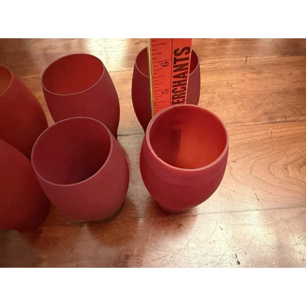 Vintage Deep Red Satin Glass Stemless Tumblers | Frosted Matte Finish | Set of 6